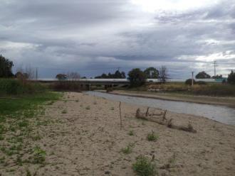 Usual creek bed exposed due to freeway works