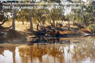 Museum site winter 1995 looking at East bank, compare with 2000 Jan photo in drought -  coinciding with EPA monitoring visit - photo by Jeanie Clark with JWW members from Left : Col Clee, David Livingston, Stan Werner and Alan McKenzie, with EPA staff ? a