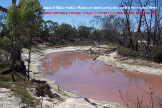 Jeparit Waterwatch Museum,  looking south from north bank, river turned pink due to bacteria (EPA), height of Millenium Drought, compare photos with Mar 2008, Jan 2008, Oct 2005, Jan 2000, June 1995 Photos by Jeanie Clark