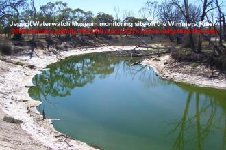 Jeparit Waterwatch Museum from north bank, Height of Millenium Drought, note big branch in river and salt on banks cf Feb and Mar 2008 Photos Jeanie Clark