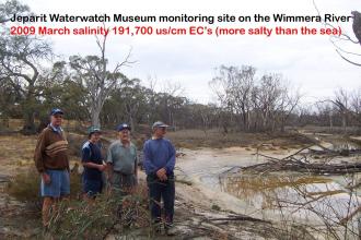 Jeparit Watewatch Museum (l-r David Livinston, Michael Clark, Col Clee, Frank Pitt) from north bank near end of Millenium Drought, note remnant pool, big branch in river bed, lots of dead trees, cf photos Mar 2010, Mar  2009, Jan Feb Mar 2008, Jan 2005, O