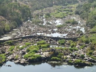 Buckley Falls weir. Tiny trickles passing through pipes below the weir wall.