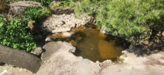 The leftover water in a pool on the other side of the bridge