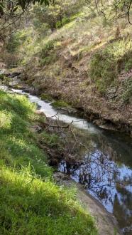 Looking upstream from a position 110m downstream of site showing paint pollution moving downstream