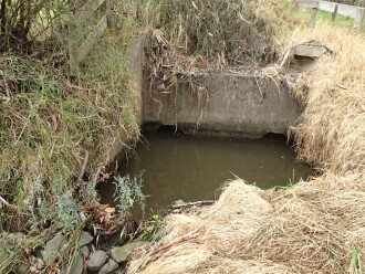 Drainage pit, usual view, photo taken today. No flow across rocks in lower left.