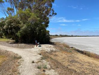 Lake completely dry; salt pan; no birds