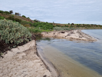Wide open creek outlet to the bay after heavy rain in the previous week
